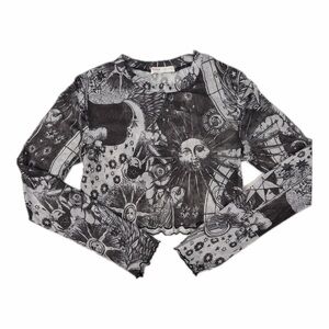 Romwe Celestial Mesh Crop Top Sun Moon Sheer Small White & Black Y2K Festival